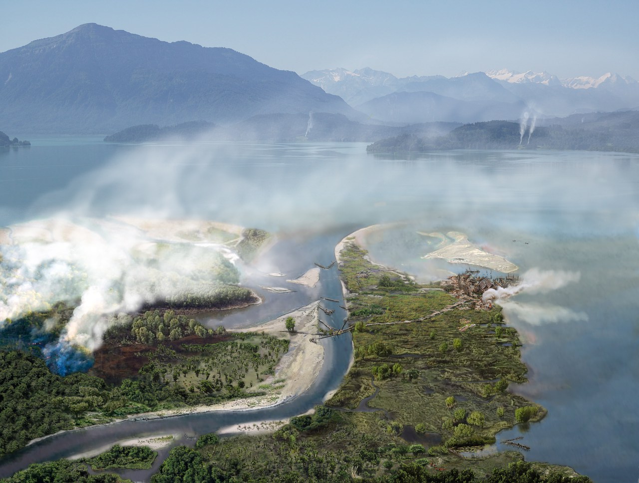 Rekonstruktion der UNESCO-Welterbe-Pfahlbausiedlung «Zug-Riedmatt» in der Zeit um 3200 vor Christus.