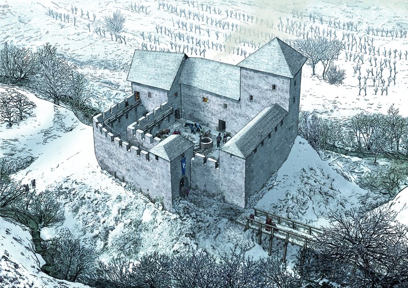 Illustration der rekonstruierten Burg Hünenberg