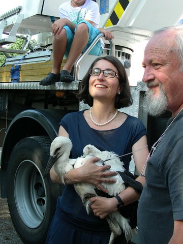 Foto 1: Regierungsrätin Weichelt mit Storch "Manuela" und Peter Enggist, Geschäftsführer der Gesellschaft Storch Schweiz
