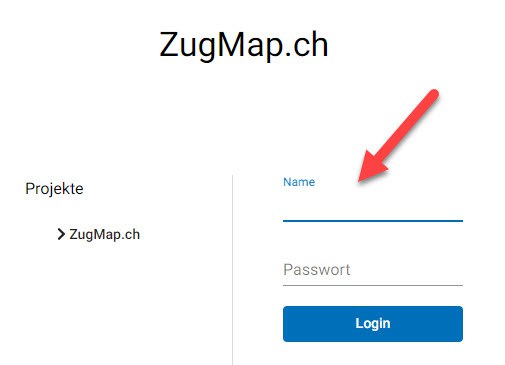 Login ZugMap.ch: Eingabe von Benutzerkürzel und Passwort der kantonalen Verwaltung