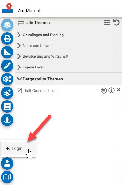 Login ZugMap.ch: Klick auf den Text "Login"