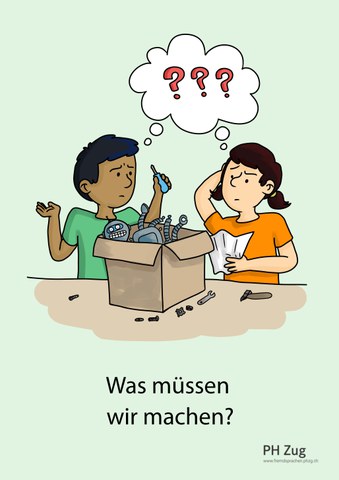Mädchen und Junge fragen: "Was müssen wir machen?"